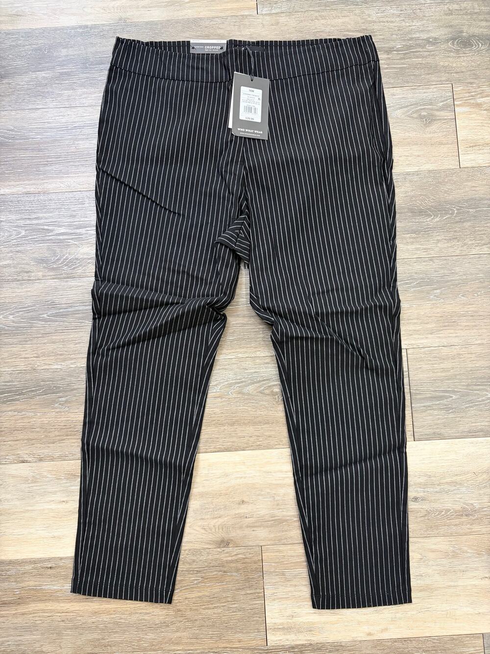 Who What Wear Womens Pinstripe Pants 16W Black White High Rise Crop Stretch NWT